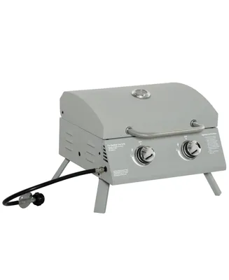 Outsunny 2 Burner Propane Gas Grill Outdoor Portable Tabletop Bbq with Foldable Legs, Lid, Thermometer for Camping, Picnic, Backyard, Light Grey