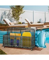 Outsunny Patio Wicker Pool Float Storage with Wheels, Outdoor Rolling Pe Rattan Pool Caddy, Includes Compartment and Basket, for Pool, Garden, Deck