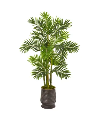 Nearly Natural 63" Areca Palm Artificial Tree in Ribbed Metal Planter