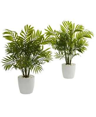 Nearly Natural 19.5" Palms in White Planter Artificial Plant, Set of 2