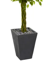 Nearly Natural 5' Braided Ficus Artificial Tree in Slate Planter Uv Resistant