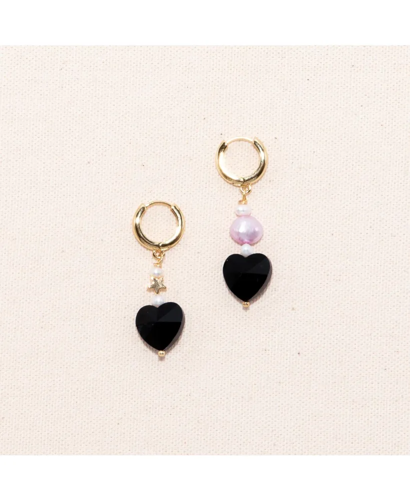 Joey Baby 18K Gold Plated Huggied with Pink Dyed Freshwater Pearls and Black Heart Charms - Madison Earrings For Women