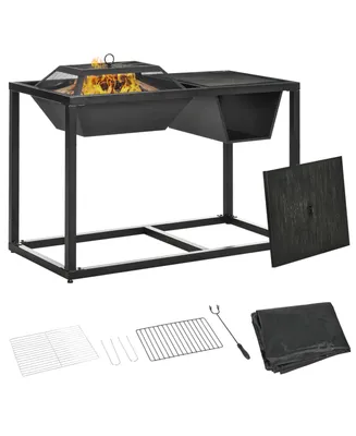 Outsunny 4-in-1 Fire Pit, Bbq Grill, Ice Bucket Cooler, Garden Table, with Cooking Grate, Log Grate & Waterproof Cover, Galvanized Steel Wood