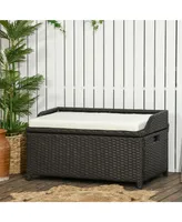Outsunny Patio Wicker Storage Bench, Cushioned Outdoor Pe Rattan Patio Furniture, Air Strut Assisted Easy Open