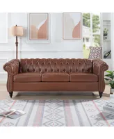 Simplie Fun 84.65" Brown Pu Rolled Arm Chesterfield Three Seater Sofa