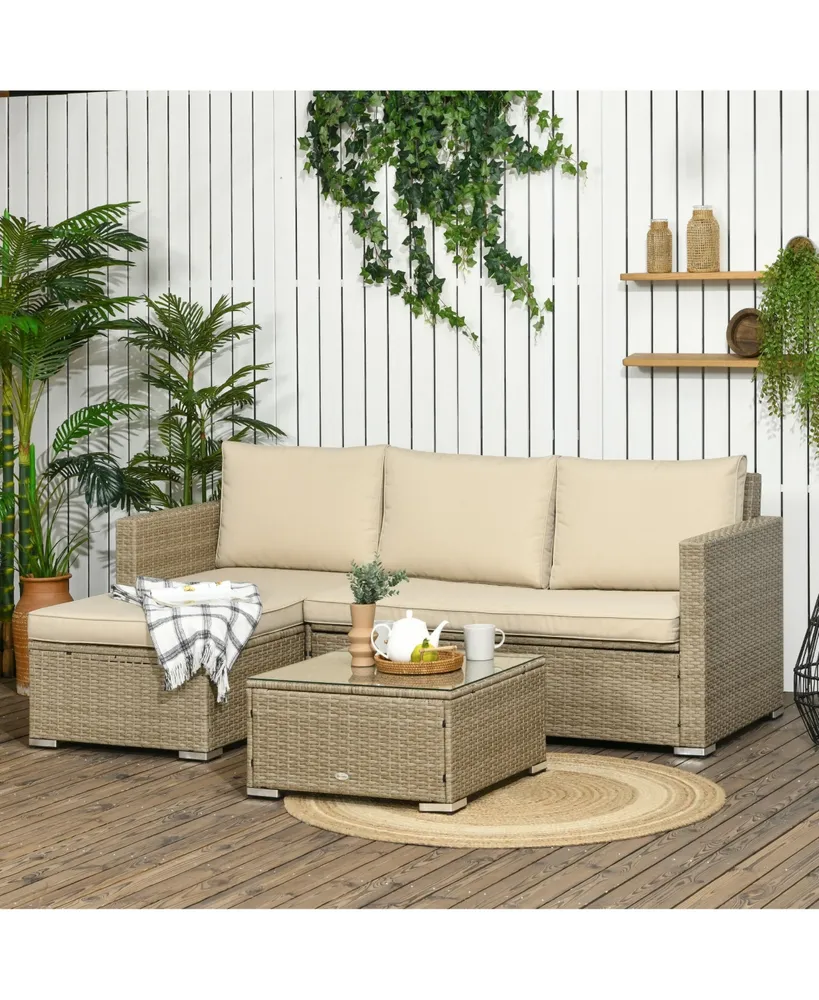 Outsunny 3 Piece Patio Wicker Furniture Set, Rattan Outdoor Sofa Set with Chaise Lounge & Loveseat, Soft Cushions, Storage, Tempered Glass Table, L