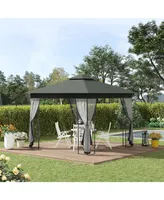 Outsunny 10' x 10' Outdoor Patio Gazebo Canopy with 2-Tier Polyester Roof, Netting, Curtain Sidewalls, and Steel Frame, Grey