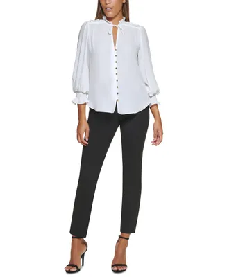 Dkny Petite Tie-Neck Button-Front Ruffled Top, Created for Macy's