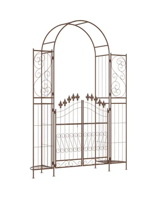 Outsunny Garden Gate Arbor Wedding Arch with Doors Plant Shelves,