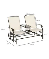 Outsunny 2-Person Outdoor Glider Bench with Center Table, Steel Frame for Backyard, Garden, Porch, Beige