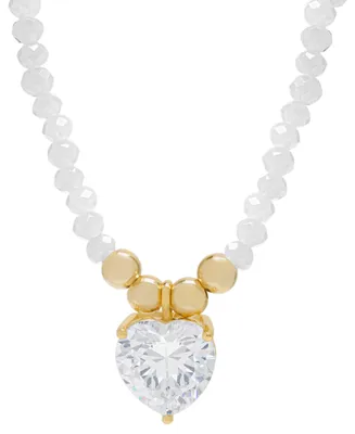 White Agate (61 ct. t.w.) & Cubic Zirconia Bead Heart Pendant Necklace in 14K Gold-Plated Sterling Silver, 15" + 3" extender