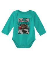 Newborn and Infant Boys Girls Mitchell & Ness Black, Turquoise Vancouver Grizzlies 3-Piece Hardwood Classics Bodysuits Cuffed Knit Hat Set
