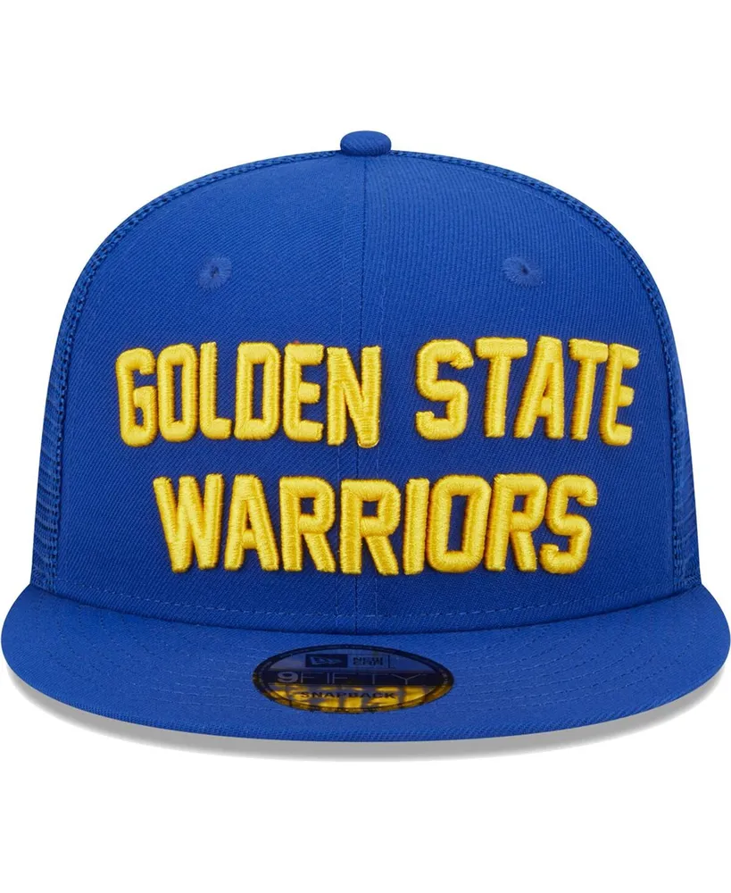 Men's New Era Royal Golden State Warriors Stacked Script 9FIFTY Trucker Snapback Hat