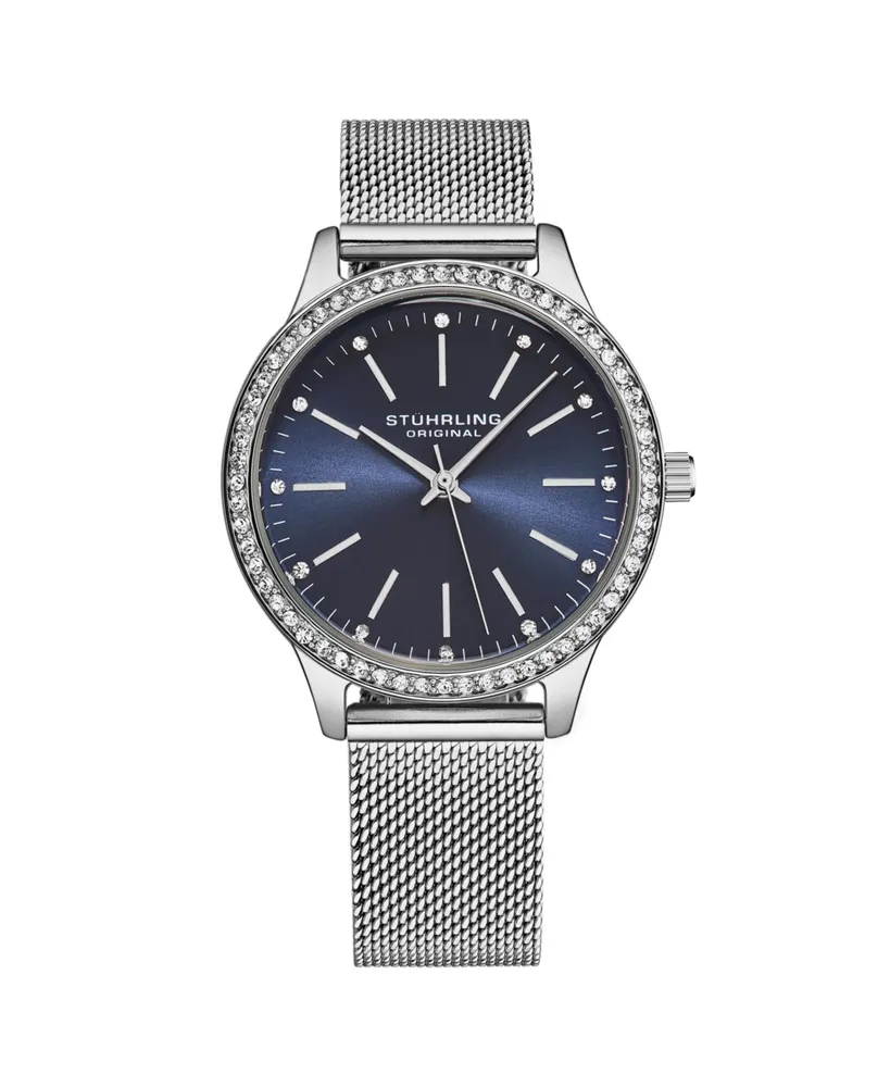 Stuhrling Women's Quartz Crystal Studded Solver Case and Silver Mesh Bracelet, Blue Dial, Silver Hands and Markers Watch - Silver