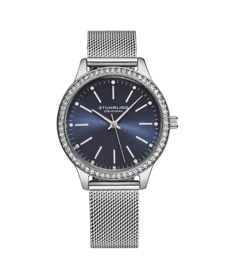 Stuhrling Women's Quartz Crystal Studded Solver Case and Silver Mesh Bracelet, Blue Dial, Silver Hands and Markers Watch - Silver