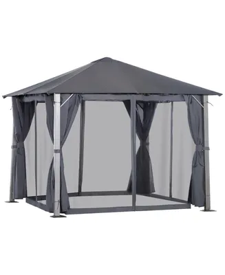Outsunny Patio Gazebo 10' x 10' Outdoor Soft Top Canopy Tent with Zippered Mesh Sidewalls, Privacy Curtains, Netting, Dark Grey