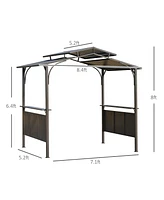 Outsunny 8'x5' Bbq Grill Gazebo with 2 Side Shelves, Outdoor Double Tiered Interlaced Polycarbonate Roof with Steel Frame, Brown