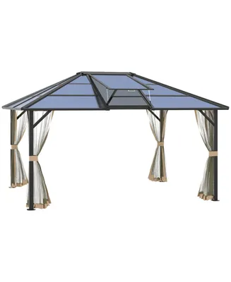 Outsunny 12x14 Hardtop Gazebo with Aluminum/Metal Frame, Polycarbonate Gazebo Canopy with Netting and Top Vent for Garden, Patio, Backyard, Grey