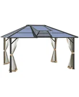 Outsunny 12x14 Hardtop Gazebo with Aluminum/Metal Frame, Polycarbonate Gazebo Canopy with Netting and Top Vent for Garden, Patio, Backyard, Grey