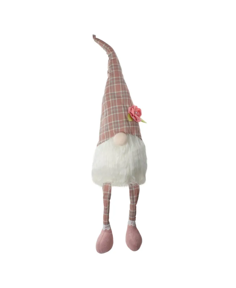 29" Pink and White Plaid Spring Gnome Table Top Figure with Dangling Legs