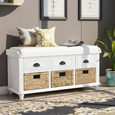 Simplie Fun Rustic Storage Bench With 3 Drawers And 3 Rattan Baskets, Shoe Bench For Living Room