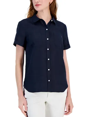Tommy Hilfiger Women's Linen Pocket Logo Camp Shirt