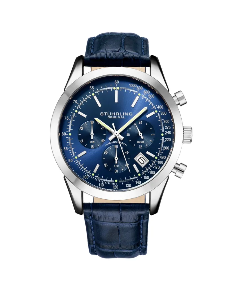 Stuhrling Men's Monaco Blue Leather , Blue Dial , 44mm Round Watch