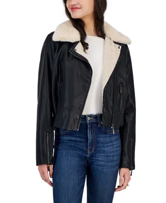 Jou Jou Juniors' Faux-Leather Fleece-Trim Moto Jacket, Created for Macy's