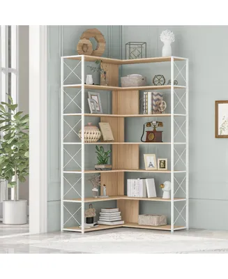 Simplie Fun 7-Tier Bookcase Home Office Bookshelf, L-Shaped Corner Bookcase With Metal Frame, Industrial
