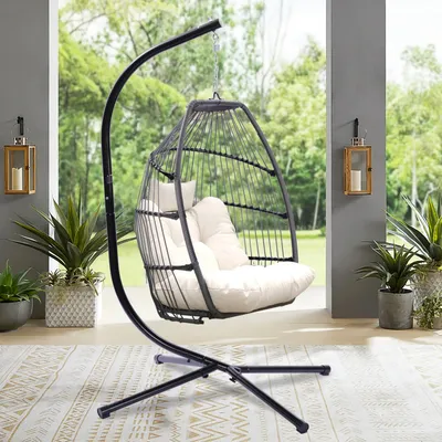 Simplie Fun Outdoor Patio Wicker Folding Hanging Chair, Rattan Swing Hammock Egg Chair With Cushion