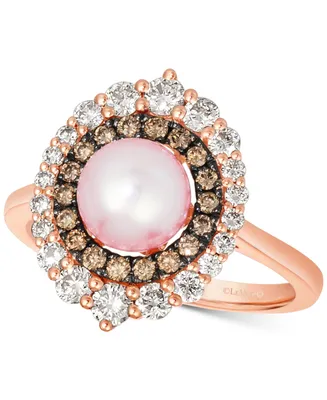 Le Vian Strawberry Pearl (7mm) & Diamond (3/4 ct. t.w.) Double Halo Ring in 14k Rose Gold