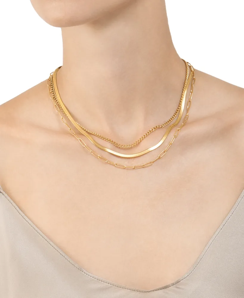 Adornia Curb Chain, Paper Clip Chain, and Herringbone Chain Necklace Set