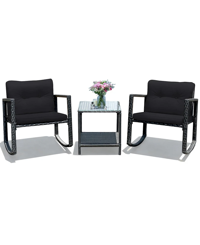 3PC Patio Rattan Conversation Set Rocking Chair Cushioned