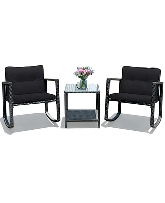 3PC Patio Rattan Conversation Set Rocking Chair Cushioned