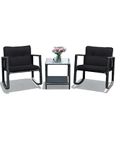 3PC Patio Rattan Conversation Set Rocking Chair Cushioned