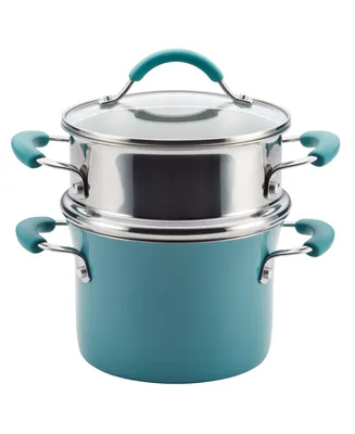 Rachael Ray Cucina Hard Enamel Nonstick Sauce Pot and Steamer Insert Set, 3-Quart, Agave Blue
