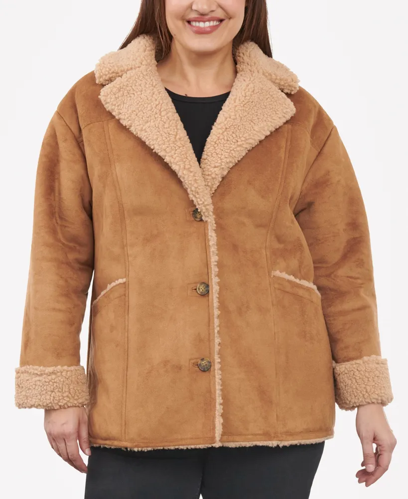 Lucky Brand Women's Plus Size Faux Shearling Button-Front Coat