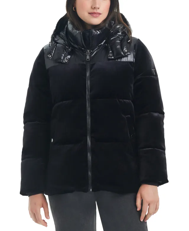 $640 Vince Camuto Women's Black Winter Jacket Faux-Fur Hooded Puffer Coat  Size M