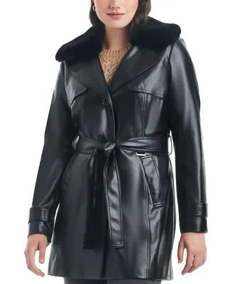 Vince Camuto Women's Faux-Leather Belted Trench Coat
