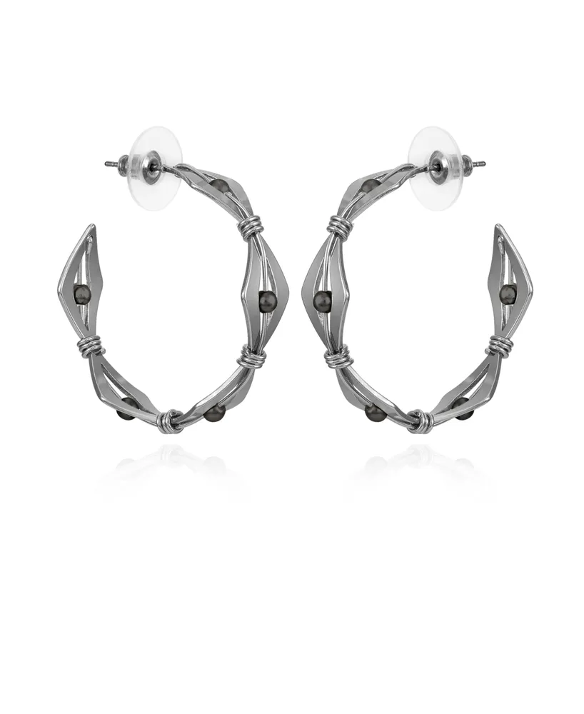 T Tahari Silver-Tone Imitation Pearl and Knot Open Hoop Earrings