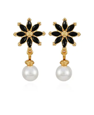 T Tahari Gold-Tone Imitation Glass Pearl Flower Stud Dangle Charm Earrings