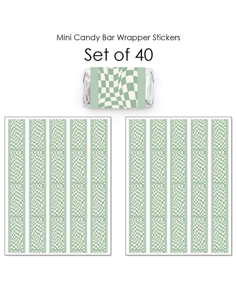 Sage Green Checkered Party Mini Candy Bar Wrapper Stickers Small Favors 40 Ct