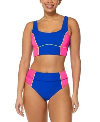 Reebok Womens Colorblocked Long Line Bralette Swim Top High Waist Bikini Bottoms