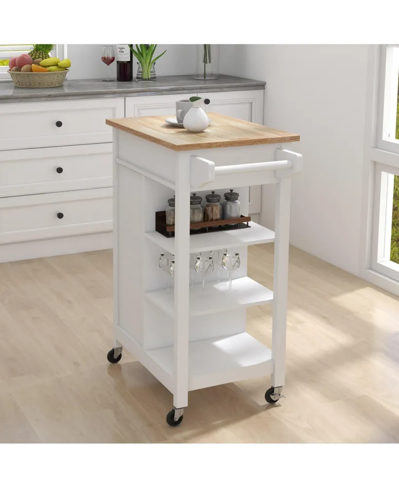 Simplie Fun Kitchen Island Rolling Trolley Cart With Towel Rack Rubberwood Table Top