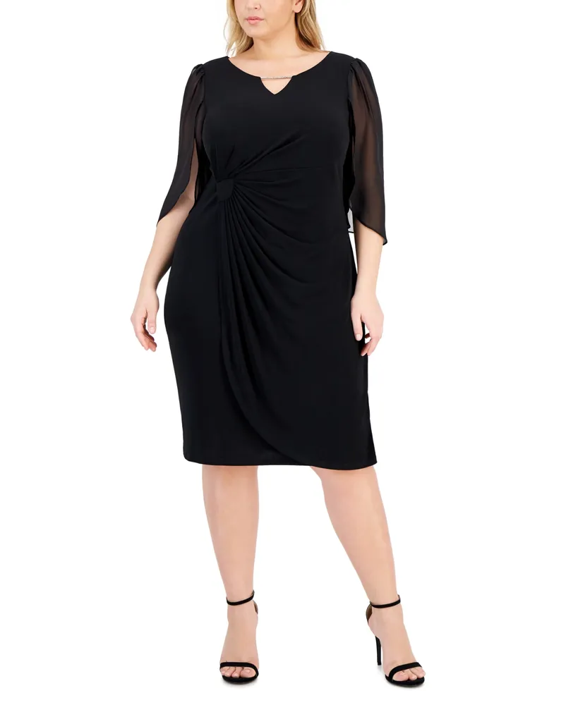 Connected Plus Sheer-Sleeve Chain-Detail Sheath Dress