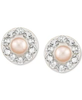 Children's Pink Cultured Freshwater Pearl (2-3/4mm) & Crystal Halo Stud Earrings in 14k Gold