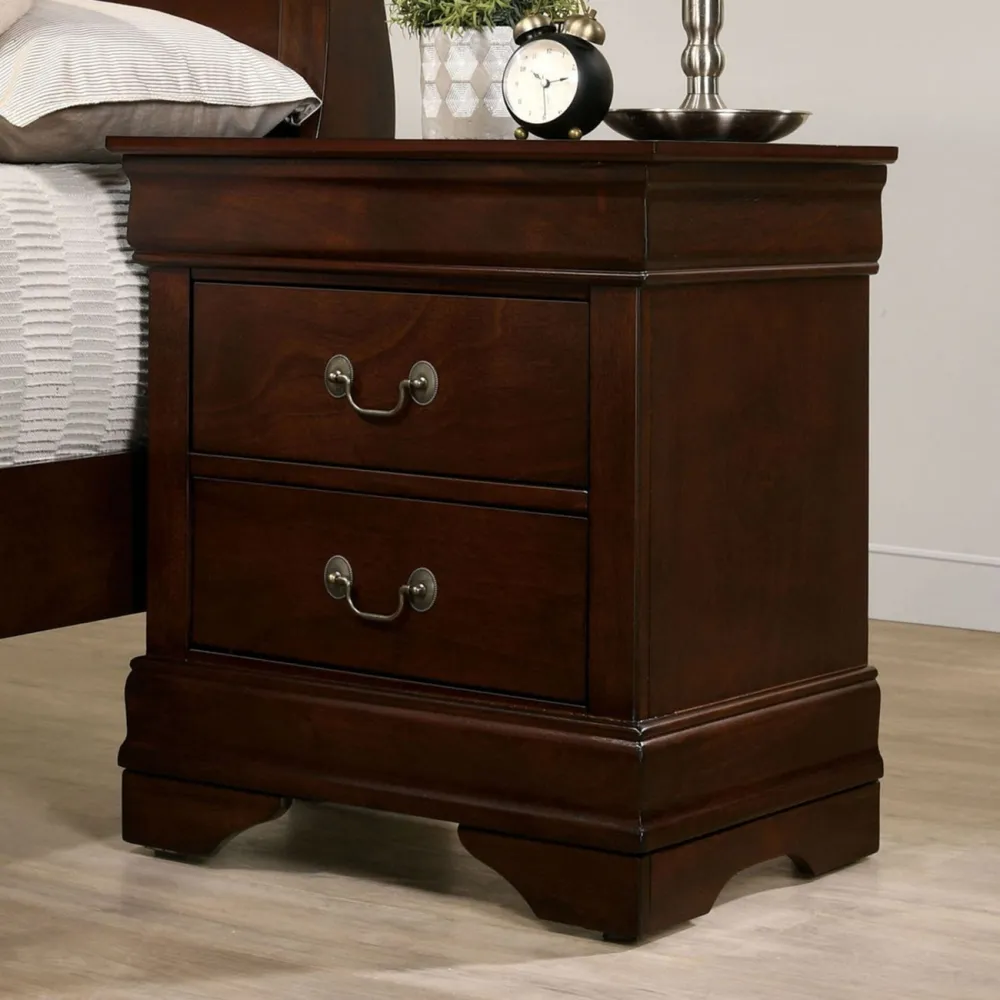 Simplie Fun 1 Piece Nightstand Cherry Finish Louis Philippe Solid Wood English Dovetail Construction Nickel