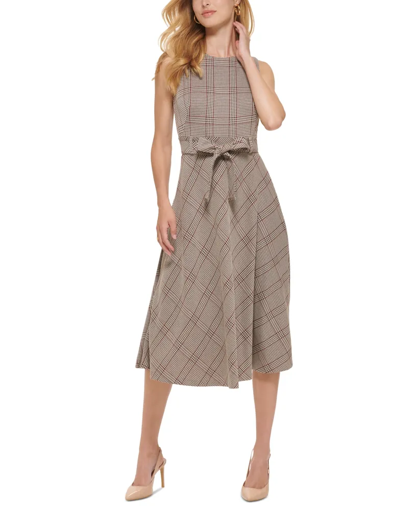 Calvin Klein Women's Menswear Plaid Belted Midi Dress