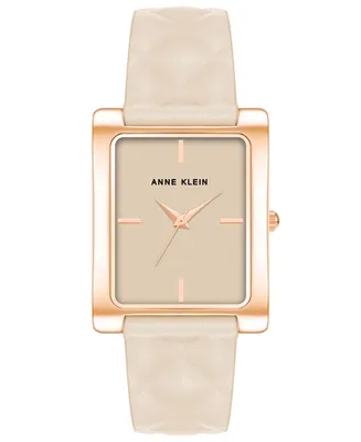 Anne Klein Women's Three Hand Quartz Rectangular Rose Gold-Tone Alloy and Ivory Genuine Leather Strap Watch, 32mm