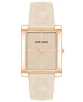 Anne Klein Women's Three Hand Quartz Rectangular Rose Gold-Tone Alloy and Ivory Genuine Leather Strap Watch, 32mm